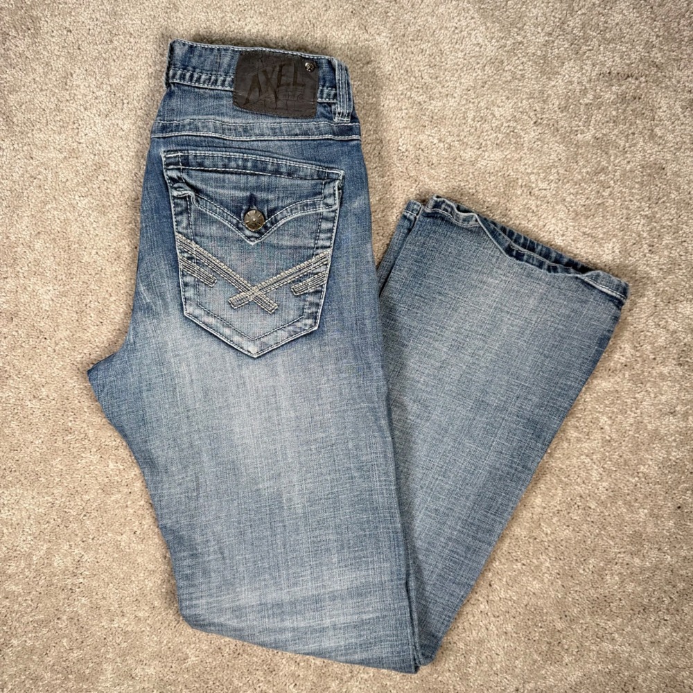 TK Axel Vintage Boot Jeans Men's 32x34 Blue Light Wash Thick Stitch Distressed